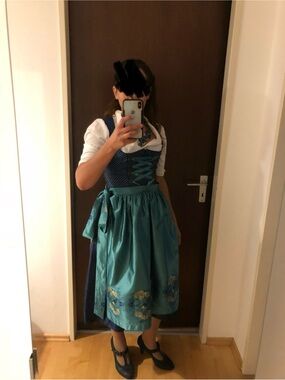 Blue Bavarian Dirndl Dress with Teal Embroidered Apron